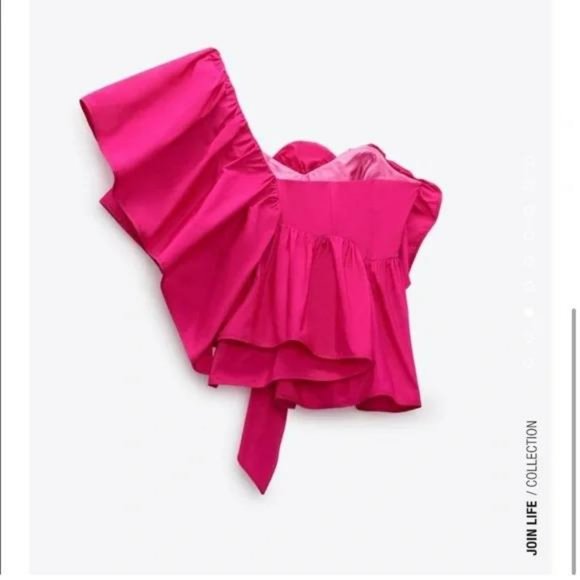 ZARA PINK VOLUMINOUS RUFFLE ASYMMETRIC TOP - Picture 4 of 5